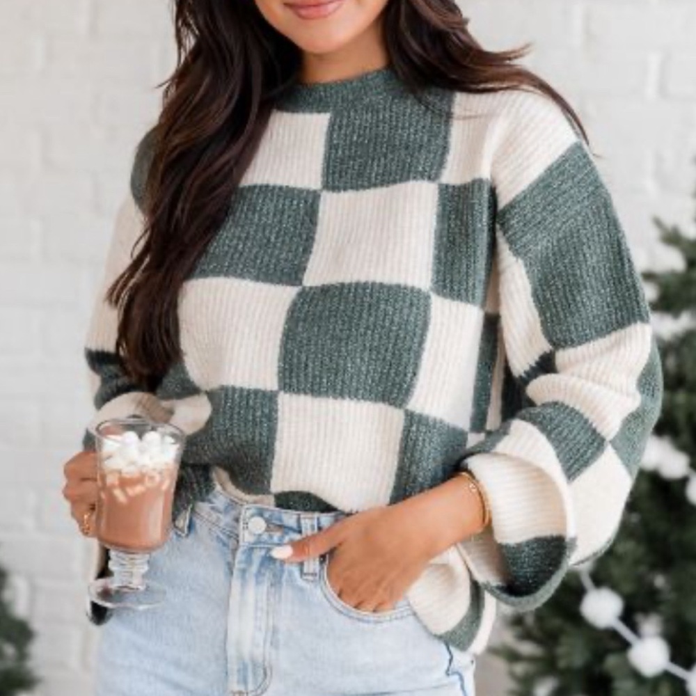 Green checkered crewneck sweater